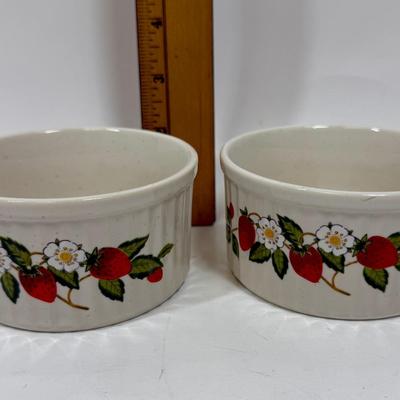 Pair of Vintage Sheffield Strawberries N Cream Souffle Baking Dishes Ramekins Japan