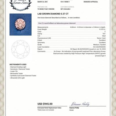 Lab grown Diamond IGI certified loose Diamond hpht Round cut 0.37ct* E color VS1 with Appraisal