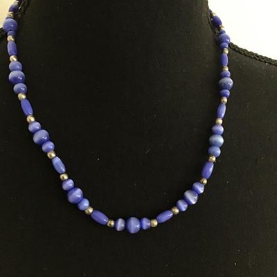 Blue Glass Cats Eye Necklace with Bracelet
