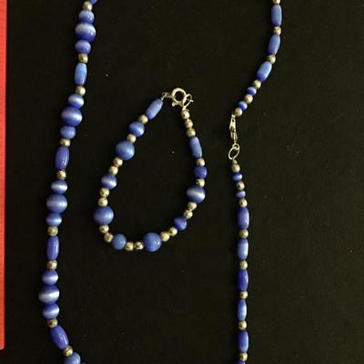 Blue Glass Cats Eye Necklace with Bracelet