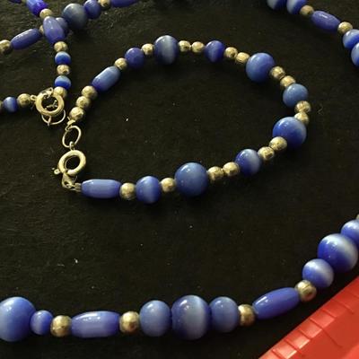 Blue Glass Cats Eye Necklace with Bracelet