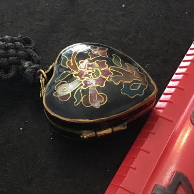 Chinese Vintage Heart Locket Box Cloisonné on Silk Cord
