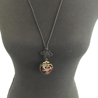 Chinese Vintage Heart Locket Box Cloisonné on Silk Cord