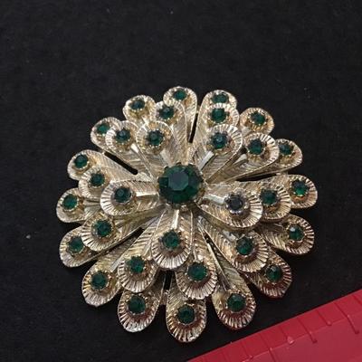 Beautiful Peacock Green Rhinestone Vintage Brooch