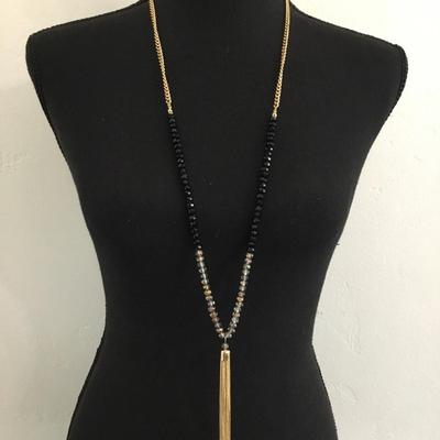 Gold, toned, faceted glass beaded & tassel necklace