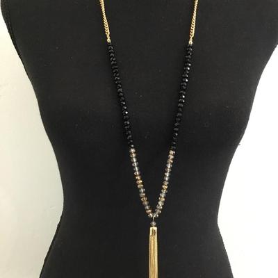 Gold, toned, faceted glass beaded & tassel necklace