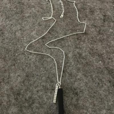 Silver toned LA CN rhinestone Black agate dainty necklace