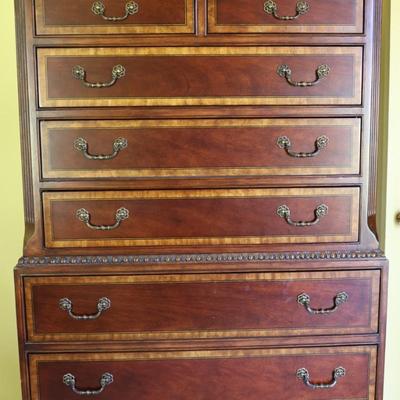 Traditional Banded Mahogany Highboy Chest on Chest