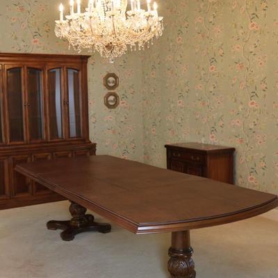 Solid Two Pedestal Dining Table with Three Leaves