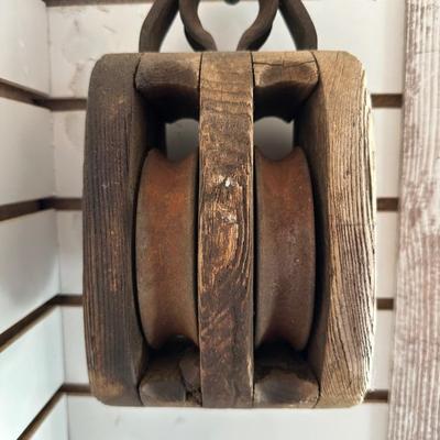 OLD WOODEN PULLEY