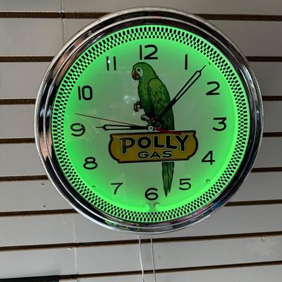 POLLY GAS WALL CLOCK AND SIGN PLUS AN AUTO INSURANCE/REGISTRATION HOLDER