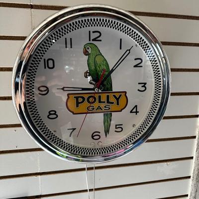 POLLY GAS WALL CLOCK AND SIGN PLUS AN AUTO INSURANCE/REGISTRATION HOLDER