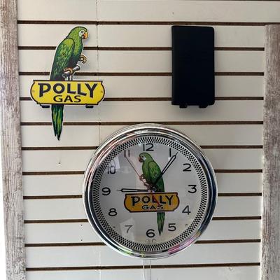 POLLY GAS WALL CLOCK AND SIGN PLUS AN AUTO INSURANCE/REGISTRATION HOLDER