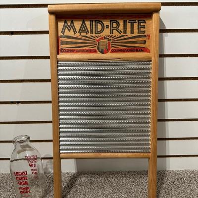 MAID-RITE WASHBOARD AND GLASS MILK BOTTLE