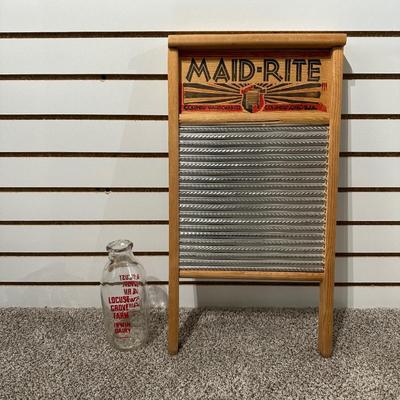 MAID-RITE WASHBOARD AND GLASS MILK BOTTLE