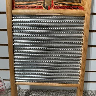 MAID-RITE WASHBOARD AND GLASS MILK BOTTLE