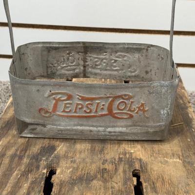 PEPSI WOODEN CRATE AND TIN SMALL BOTTLE HOLDER
