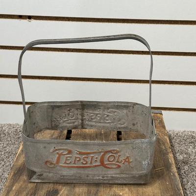 PEPSI WOODEN CRATE AND TIN SMALL BOTTLE HOLDER