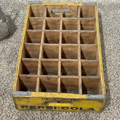 PEPSI WOODEN CRATE AND TIN SMALL BOTTLE HOLDER