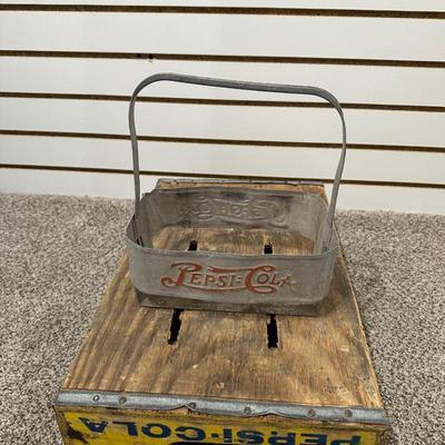 PEPSI WOODEN CRATE AND TIN SMALL BOTTLE HOLDER
