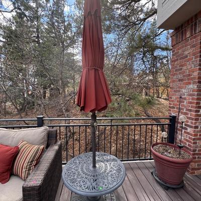 Hannamint Wrough iron table, 6 chairs and Umbrella and cushions
