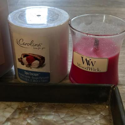 Home Deco Lot - Candles, Small Globe, Mother of Pearl Tray, & Mini Glass Globe