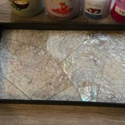 Home Deco Lot - Candles, Small Globe, Mother of Pearl Tray, & Mini Glass Globe