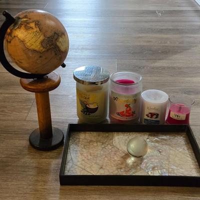 Home Deco Lot - Candles, Small Globe, Mother of Pearl Tray, & Mini Glass Globe