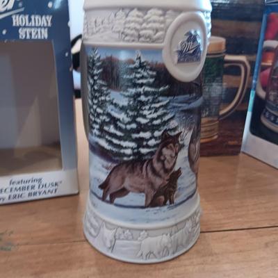 2 BUDWEISER AND 1 MILLER BEER STEINS
