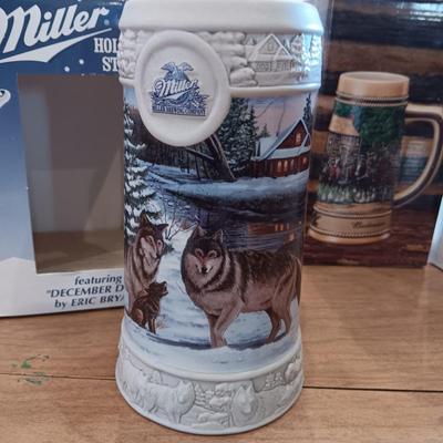 2 BUDWEISER AND 1 MILLER BEER STEINS