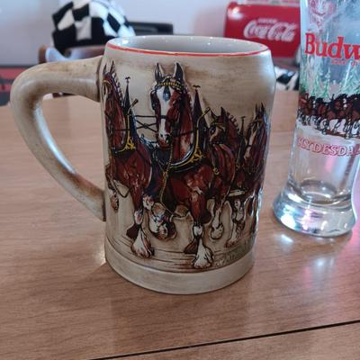 2 BUDWEISER BEER STEINS AND A 1988 BUDWEISER GLASS