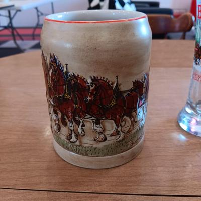 2 BUDWEISER BEER STEINS AND A 1988 BUDWEISER GLASS