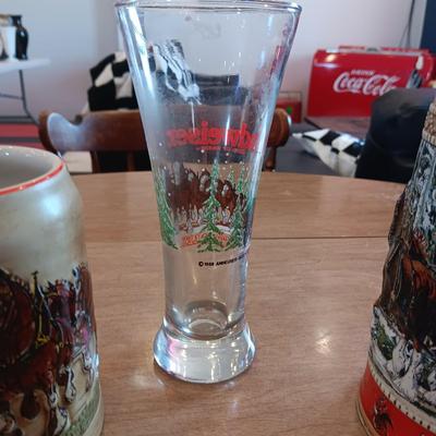 2 BUDWEISER BEER STEINS AND A 1988 BUDWEISER GLASS