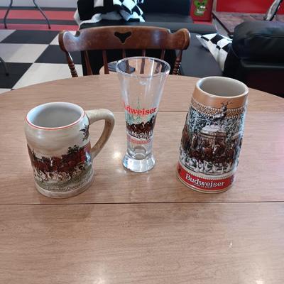 2 BUDWEISER BEER STEINS AND A 1988 BUDWEISER GLASS