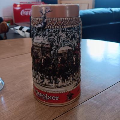 2 BUDWEISER BEER STEINS AND A 1988 BUDWEISER GLASS