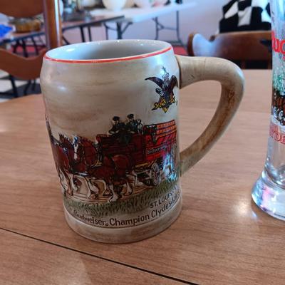 2 BUDWEISER BEER STEINS AND A 1988 BUDWEISER GLASS