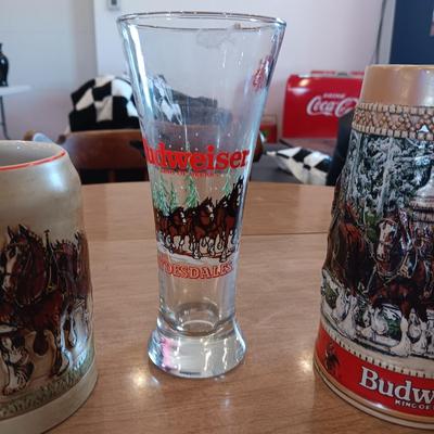 2 BUDWEISER BEER STEINS AND A 1988 BUDWEISER GLASS