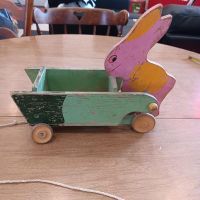 RABBIT PUSHING A WOODEN CART VINTAGE PULL TOY