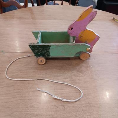 RABBIT PUSHING A WOODEN CART VINTAGE PULL TOY