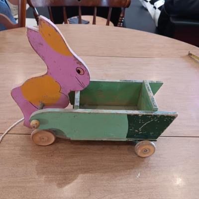 RABBIT PUSHING A WOODEN CART VINTAGE PULL TOY