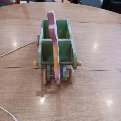 RABBIT PUSHING A WOODEN CART VINTAGE PULL TOY