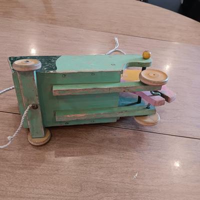 RABBIT PUSHING A WOODEN CART VINTAGE PULL TOY