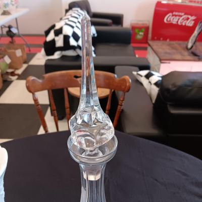 CARNIVAL GLASS CANDLESTICK, MILK GLASS VASE AND GLASS DECANTER WITH STOPPER