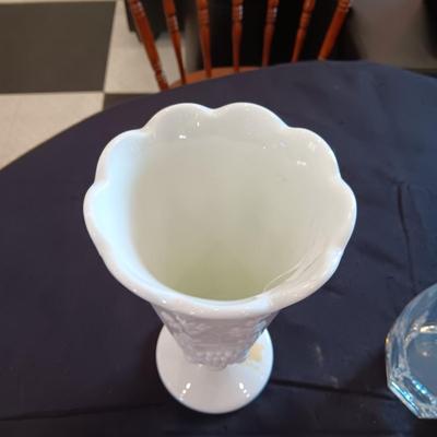 CARNIVAL GLASS CANDLESTICK, MILK GLASS VASE AND GLASS DECANTER WITH STOPPER