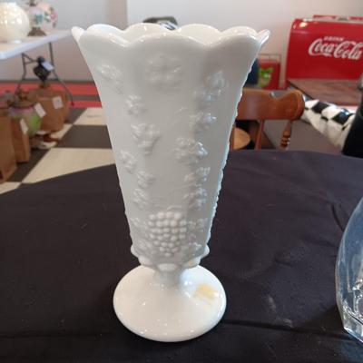 CARNIVAL GLASS CANDLESTICK, MILK GLASS VASE AND GLASS DECANTER WITH STOPPER