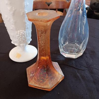 CARNIVAL GLASS CANDLESTICK, MILK GLASS VASE AND GLASS DECANTER WITH STOPPER