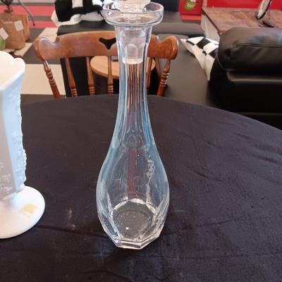 CARNIVAL GLASS CANDLESTICK, MILK GLASS VASE AND GLASS DECANTER WITH STOPPER