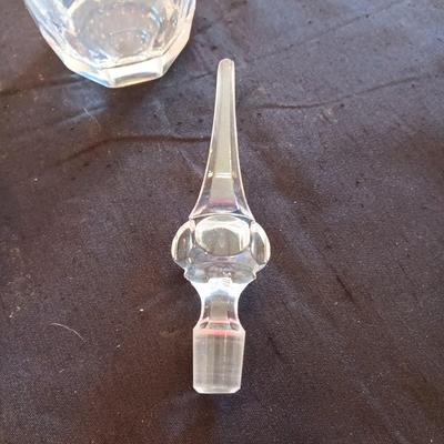 CARNIVAL GLASS CANDLESTICK, MILK GLASS VASE AND GLASS DECANTER WITH STOPPER