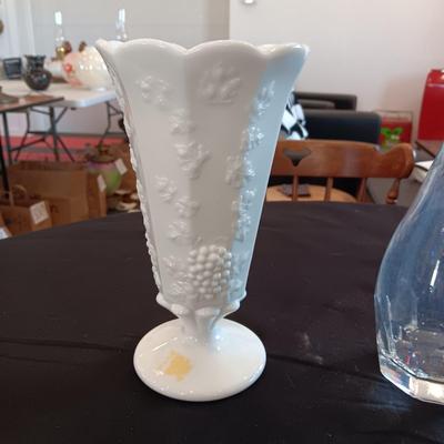 CARNIVAL GLASS CANDLESTICK, MILK GLASS VASE AND GLASS DECANTER WITH STOPPER