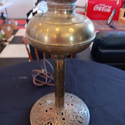 ANTIQUE BRASS OIL LAMP CONVERTED TO ELECTRIC